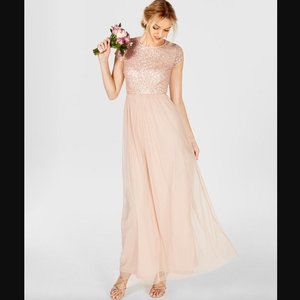 Adrianna Papell Blush Pink Sequin Tulle Short Sleeve Maxi Gown Dress 16